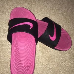 Pink and Black Nike Slides